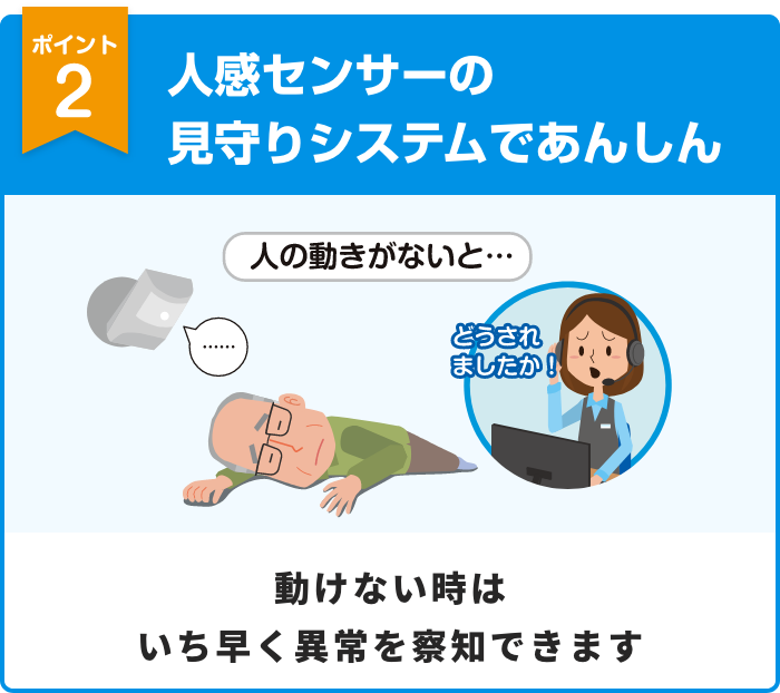人感センサーの 見守りシステムであんしん 動けない時は いち早く異常を察知できます