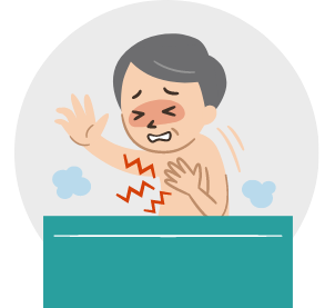 お風呂に入っている高齢男性が胸の痛みを訴えているイラスト