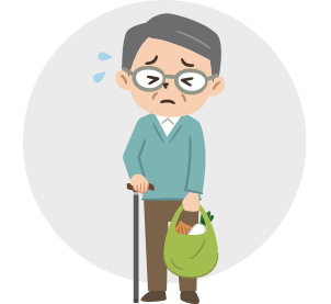 買い物袋を持った杖をつく高齢男性が汗をかき苦しそうにしているイラスト