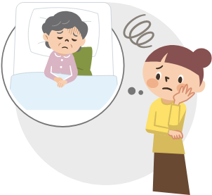 ベッドで横たわる高齢女性を思い浮かべて心配している女性のイラスト