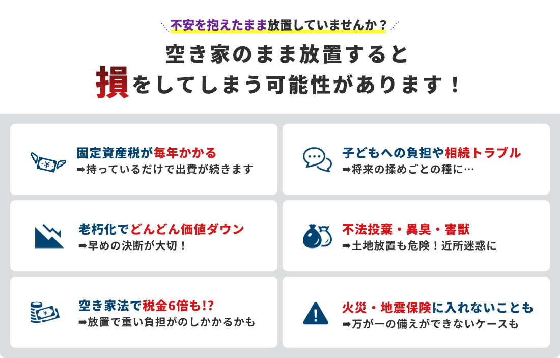空き家のまま放置すると損をしてしまう可能性があります！