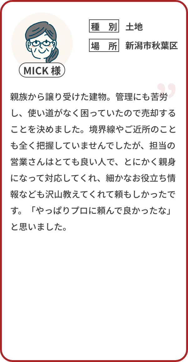 親族から譲り受けた建物。管理にも苦労し、使い道がなく困っていたので売却することを決めました。境界線やご近所のことも全く把握していませんでしたが、担当の営業さんはとても良い人で、とにかく親身になって対応してくれ、細かなお役⽴ち情報なども沢山教えてくれて頼もしかったです。「やっぱりプロに頼んで良かったな」と思いました。
