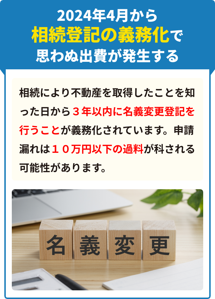 2024年4⽉から相続登記の義務化で思わぬ出費が発⽣する 相続により不動産を取得したことを知った⽇から３年以内に名義変更登記を⾏うことが義務化されています。申請漏れは１０万円以下の過料が科される可能性があります。