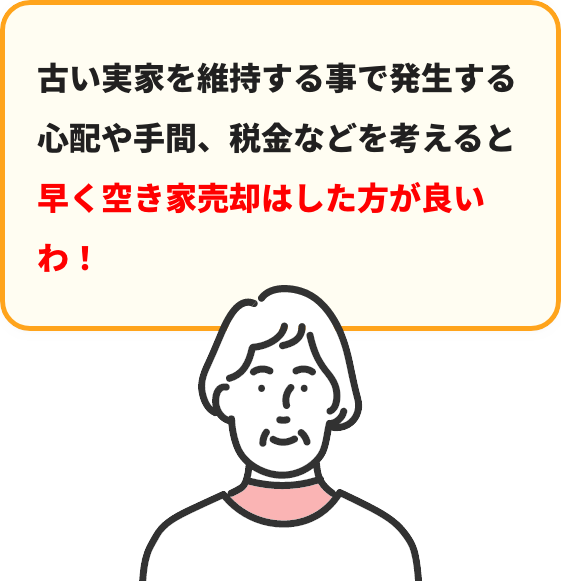 古い実家を維持する事で発⽣する⼼配や⼿間、税⾦などを考えると早く実家じまいはした⽅が良いわ！