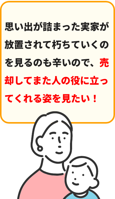 思い出が詰まった実家が放置されて朽ちていくのを⾒るのも⾟いので、売却してまた⼈の役に⽴ってくれる姿を⾒たい！