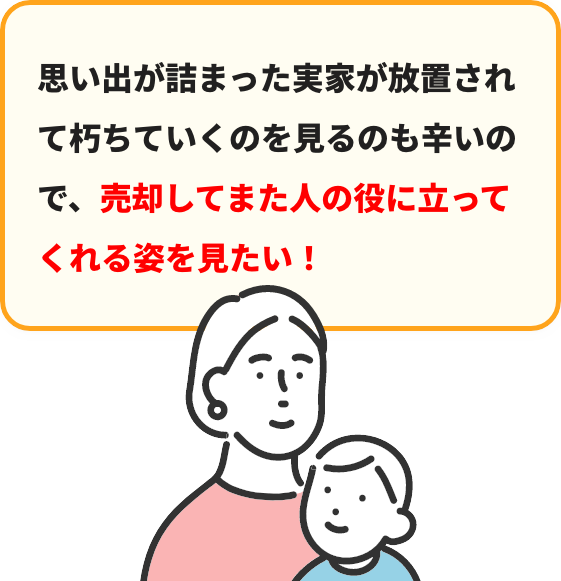 思い出が詰まった実家が放置されて朽ちていくのを⾒るのも⾟いので、売却してまた⼈の役に⽴ってくれる姿を⾒たい！