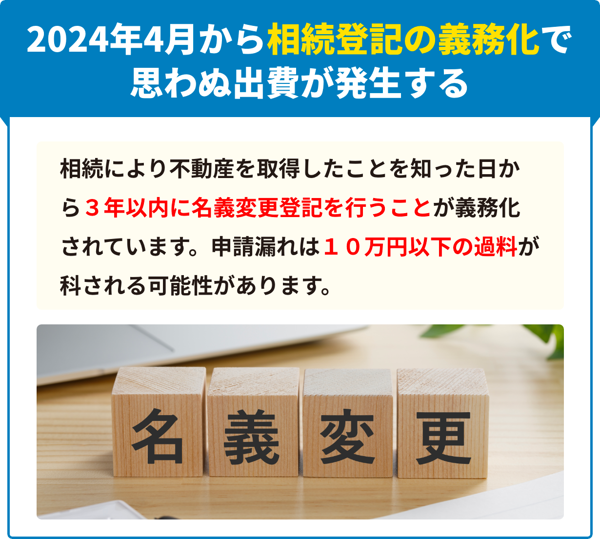 2024年4⽉から相続登記の義務化で思わぬ出費が発⽣する 相続により不動産を取得したことを知った⽇から3年以内に名義変更登記を⾏うことが義務化されています。申請漏れは10万円以下の過料が科される可能性があります。